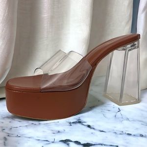 ⚡️SALE Larroude Dolly Lucite Vinyl Clear Platform Mule Heels Brown Leather
